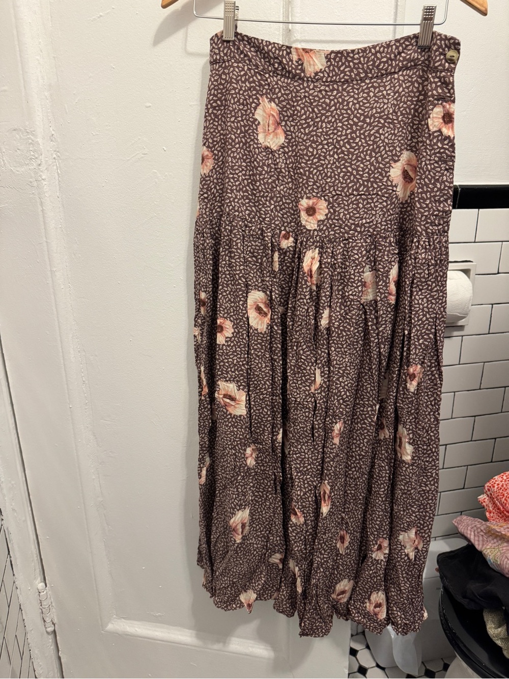 H&M Brown Floral Tiered Maxi Skirt with Cream & Pink Blooms